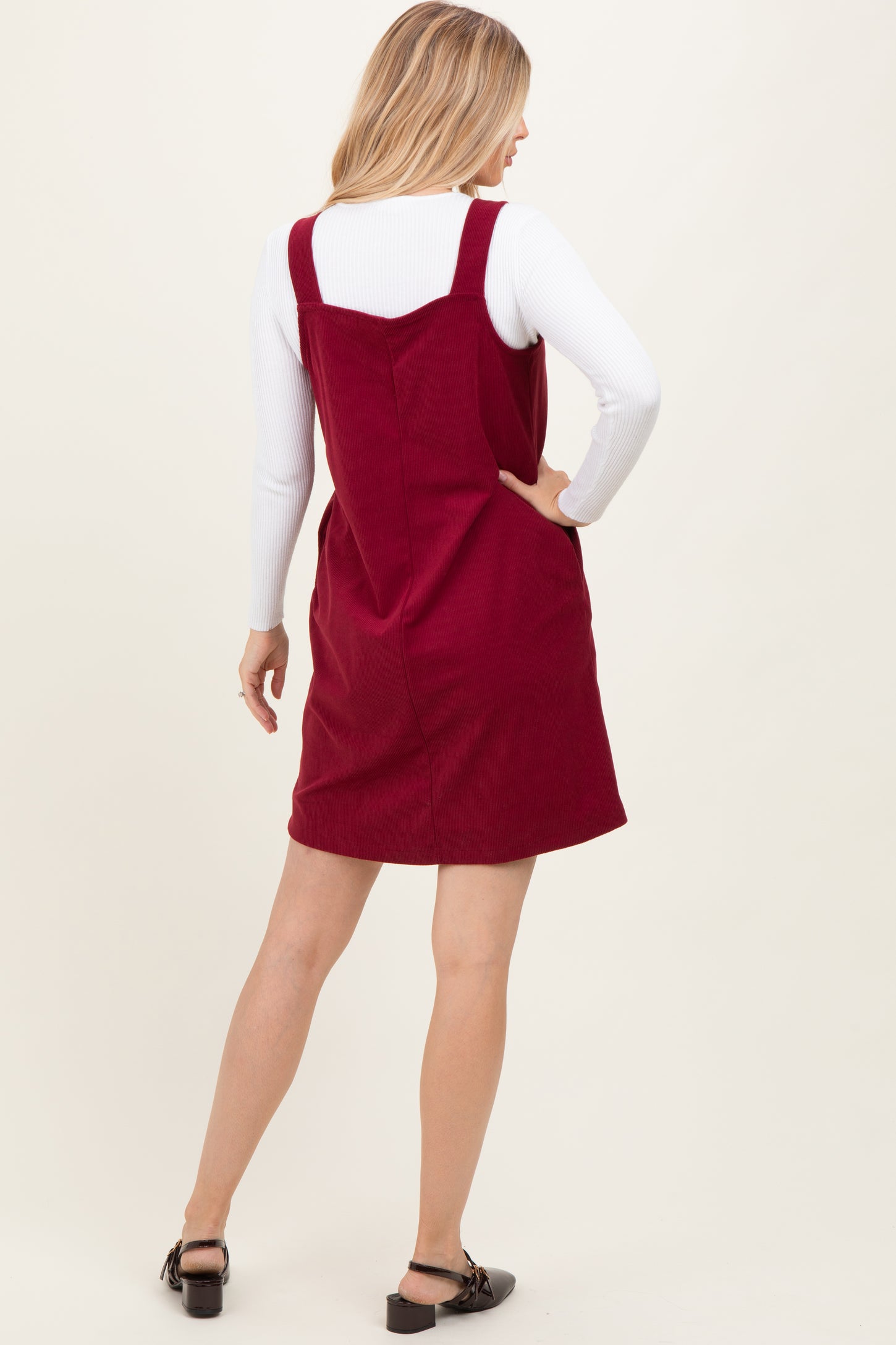 Burgundy Solid Corduroy V-Neck A-Line Mini Dress