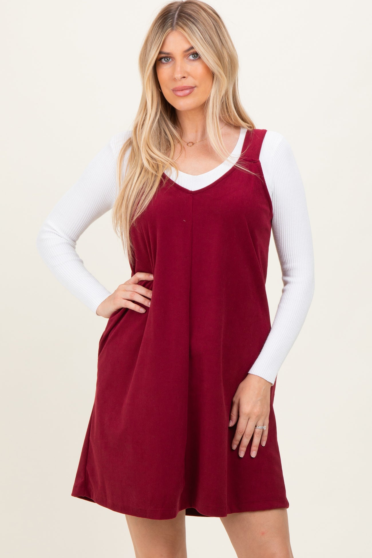 Burgundy Solid Corduroy V-Neck A-Line Mini Dress
