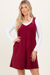 Burgundy Solid Corduroy V-Neck A-Line Maternity Mini Dress