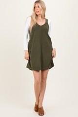 Olive Solid Corduroy V-Neck A-Line Mini Dress