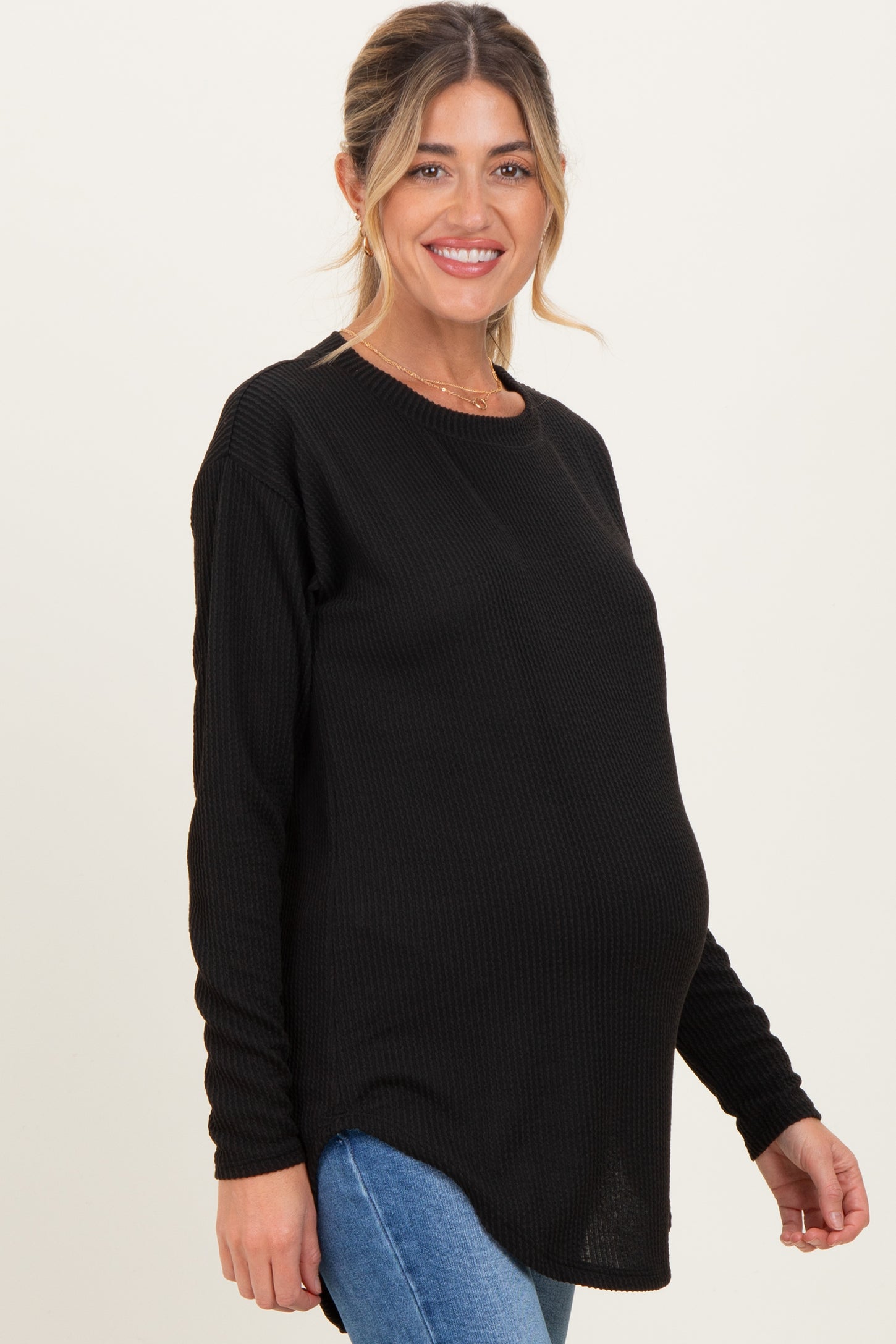 Black Solid Ribbed Long Sleeve Maternity Tunic Top