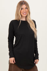 Black Solid Ribbed Long Sleeve Tunic Top