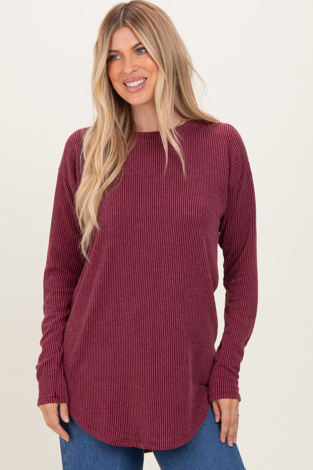Burgundy Solid Ribbed Long Sleeve Maternity Tunic Top