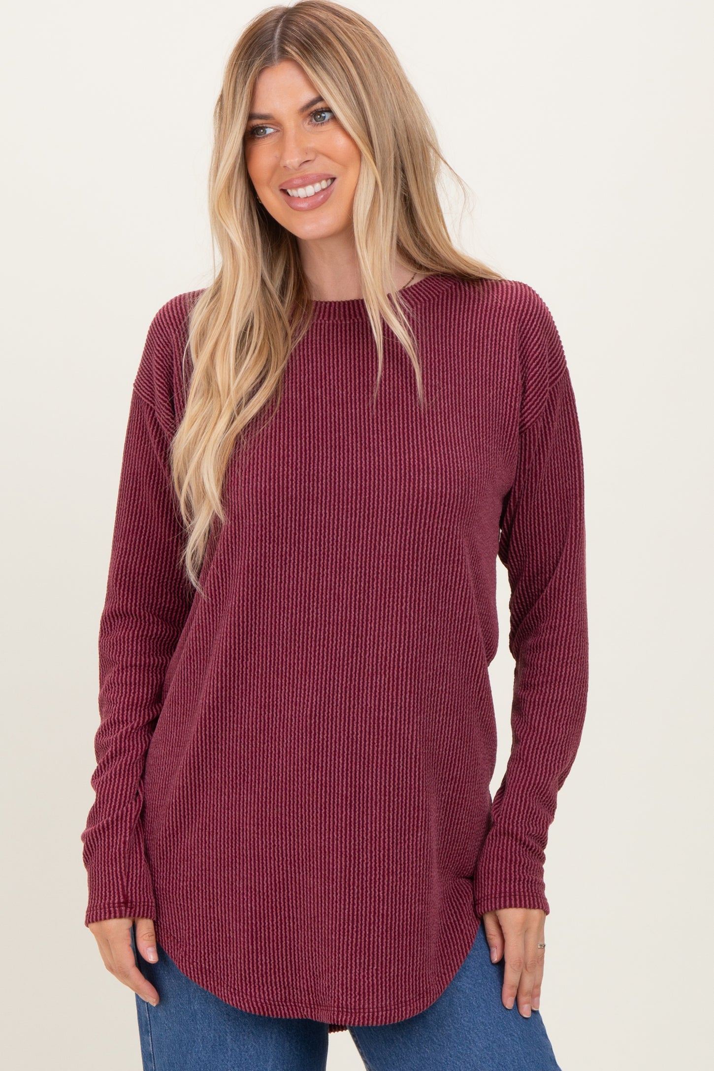 Burgundy Solid Ribbed Long Sleeve Maternity Tunic Top