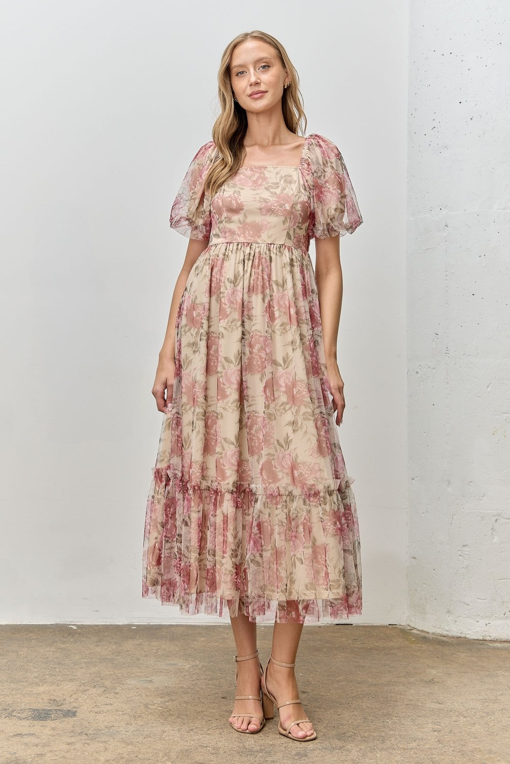 Mauve Floral Printed Tulle Puff Sleeve Midi Dress