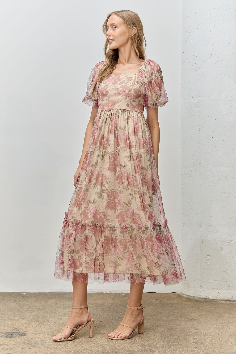 Mauve Floral Printed Tulle Puff Sleeve Midi Dress