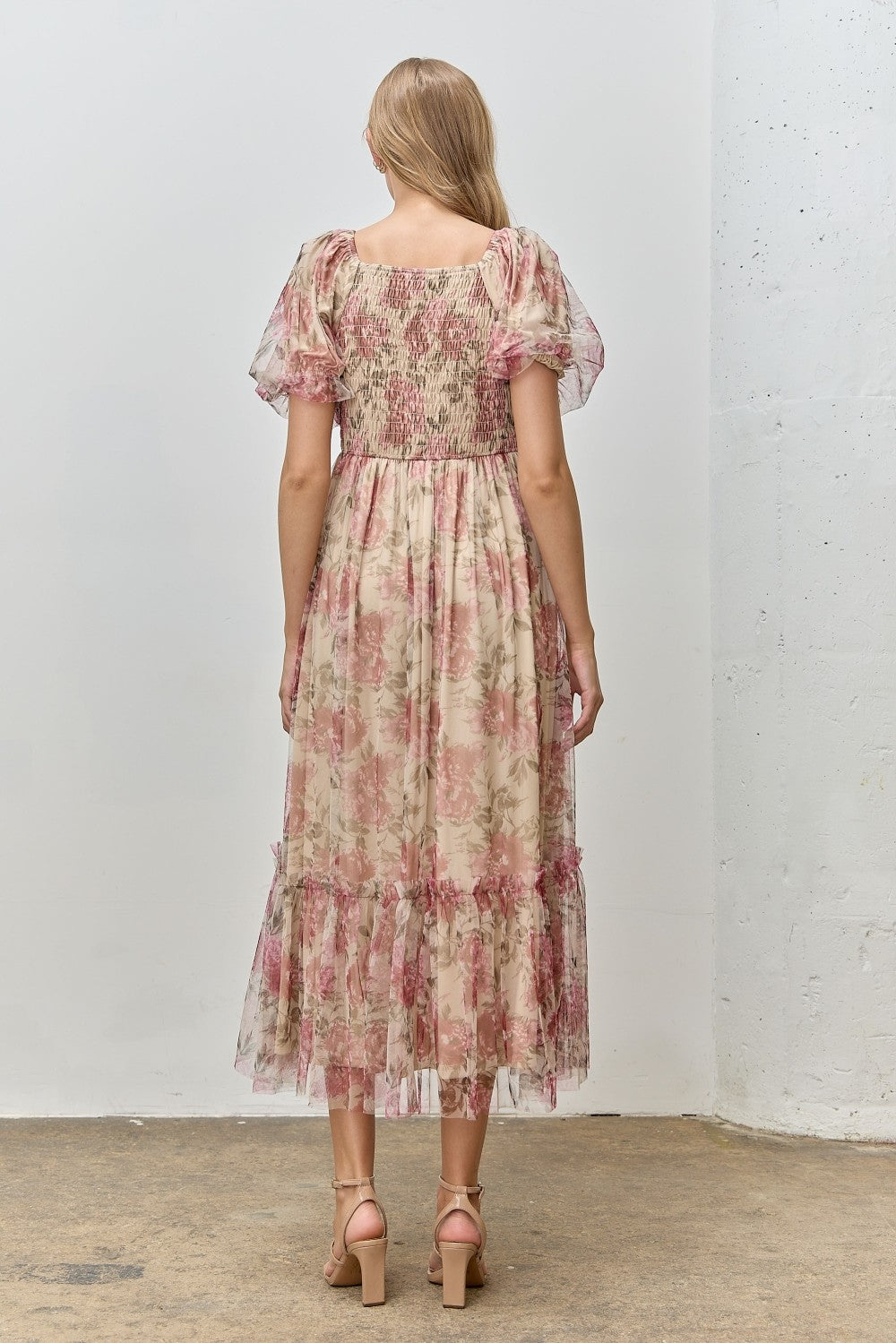 Mauve Floral Printed Tulle Puff Sleeve Midi Dress