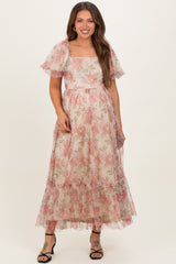 Mauve Floral Printed Tulle Puff Sleeve Maternity Midi Dress