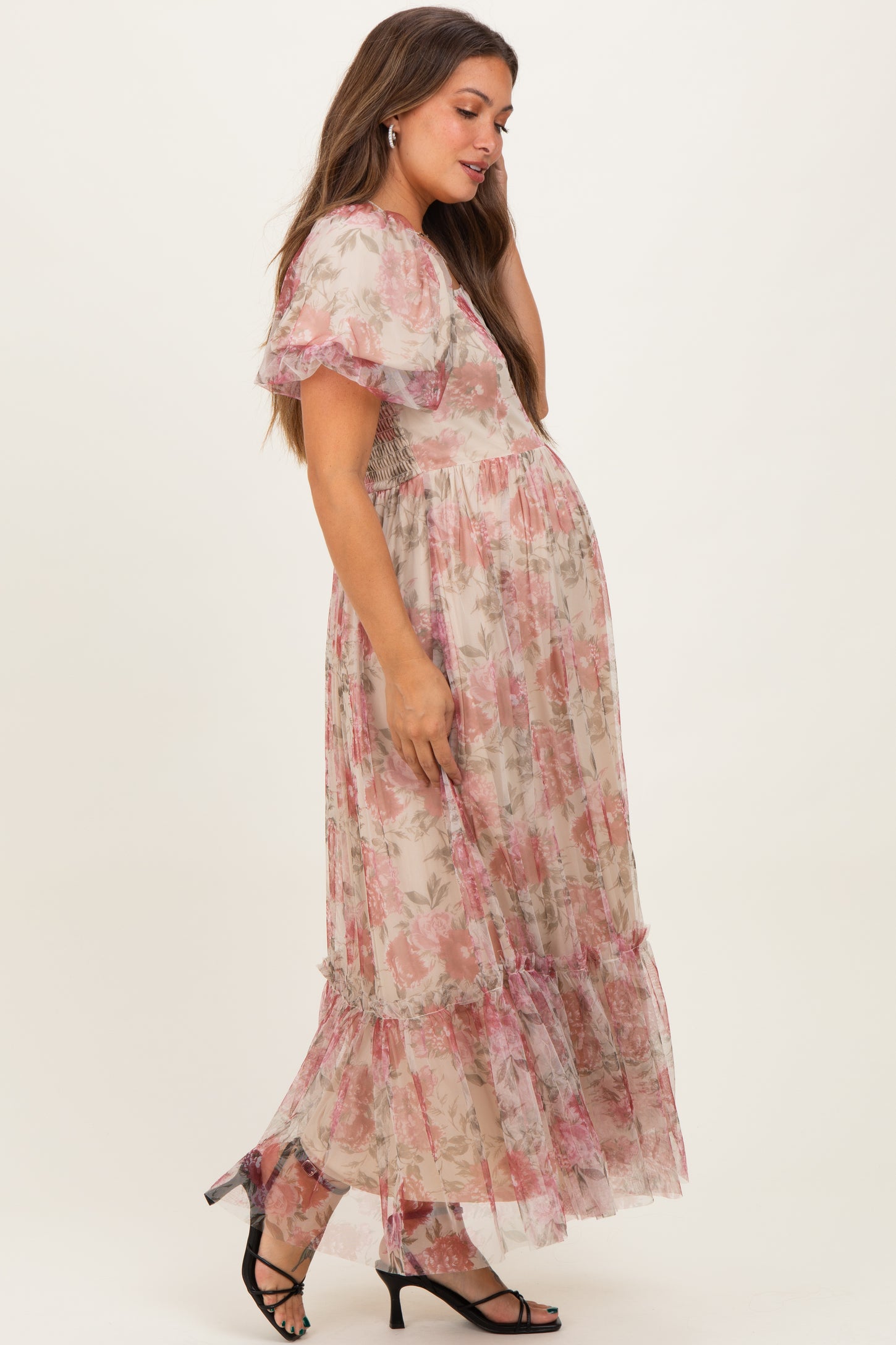 Mauve Floral Printed Tulle Puff Sleeve Maternity Midi Dress