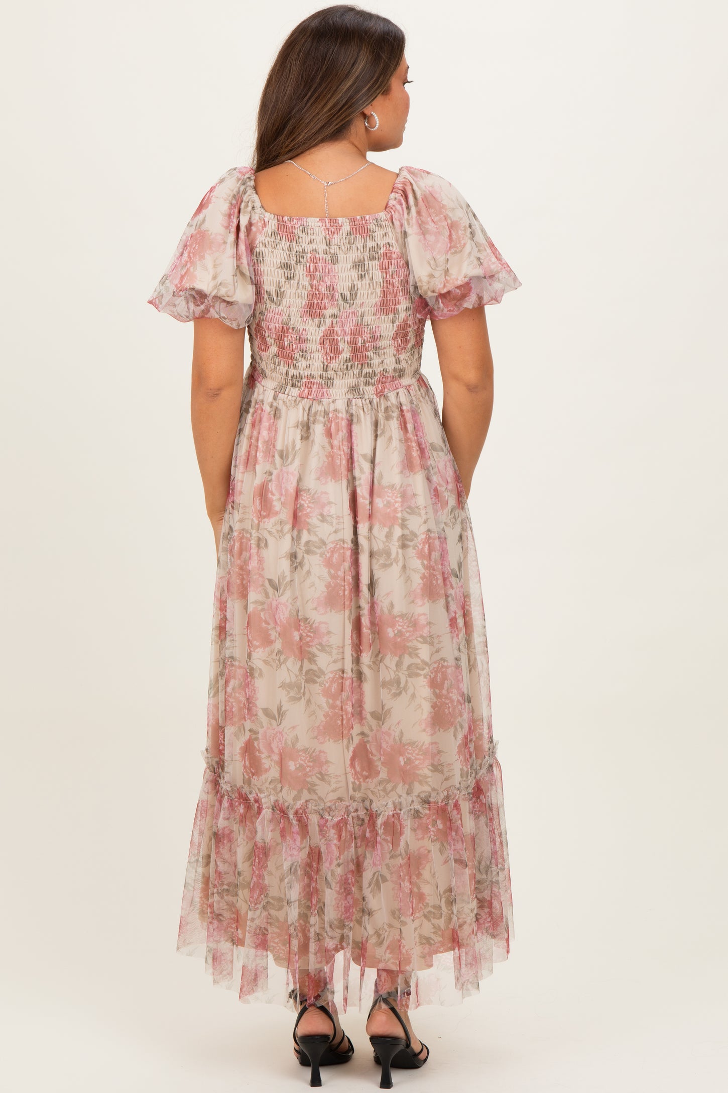 Mauve Floral Printed Tulle Puff Sleeve Maternity Midi Dress