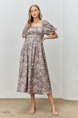 Grey Floral Puff Sleeve Smocked Waist Maternity Midi Dress