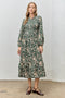 Green Floral Smocked Long Sleeve Midi Dress