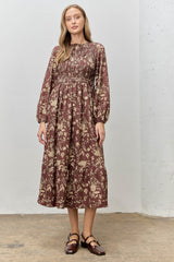 Brown Floral Smocked Long Sleeve Maternity Midi Dress
