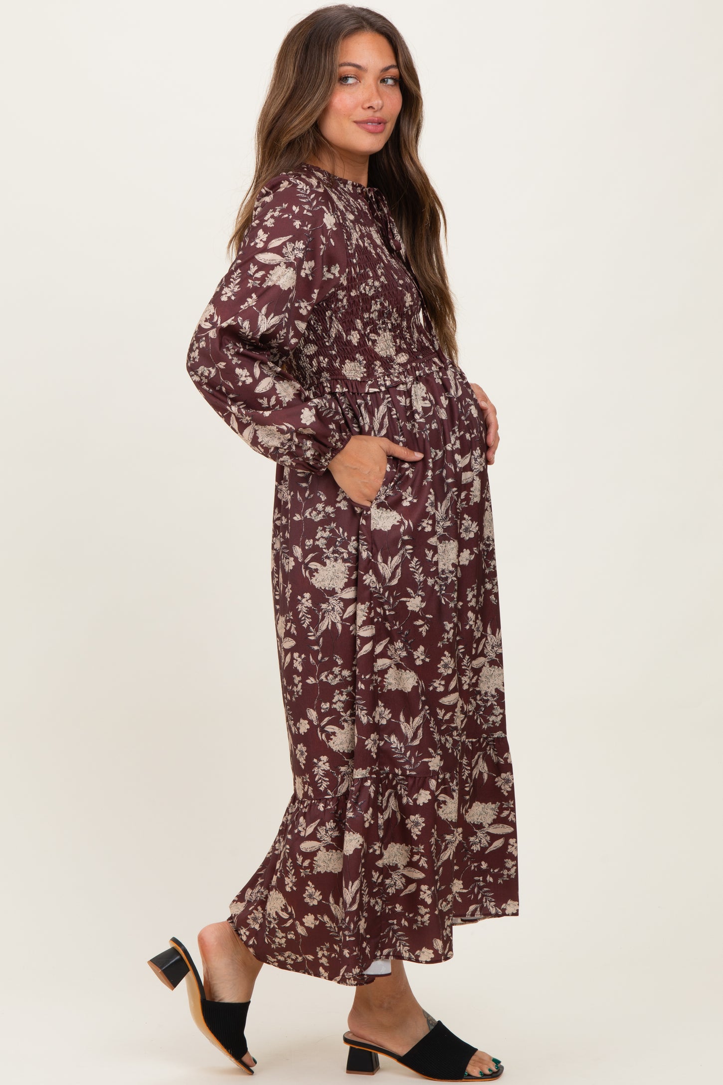 Brown Floral Smocked Long Sleeve Maternity Midi Dress