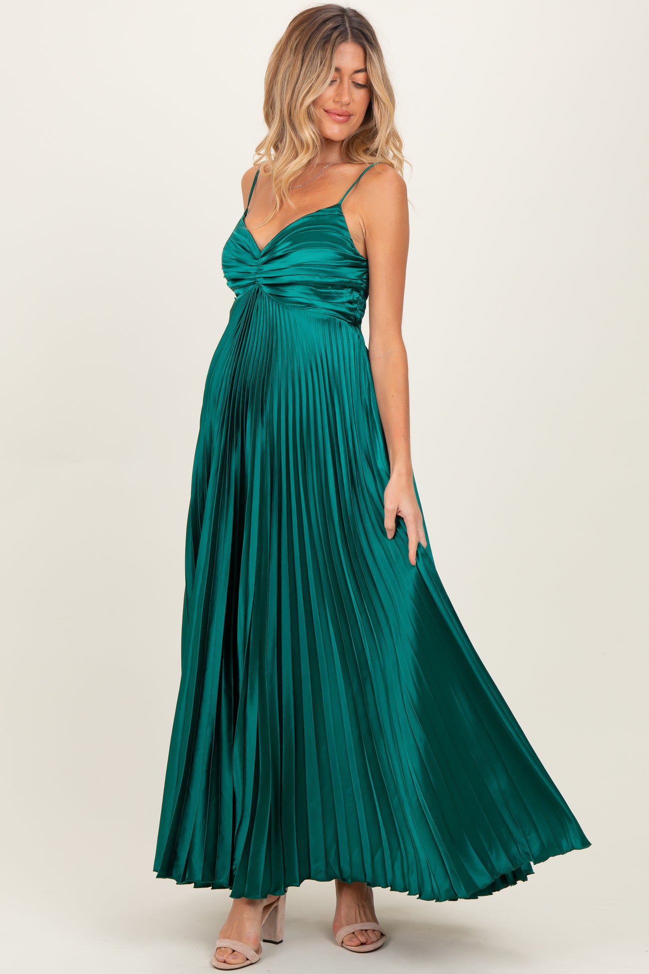 Forest Green Pleated Satin Sleeveless Maternity Maxi Dress