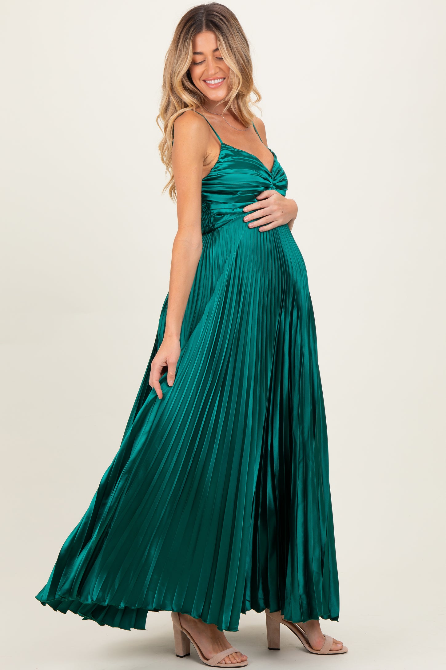 Forest Green Pleated Satin Sleeveless Maternity Maxi Dress