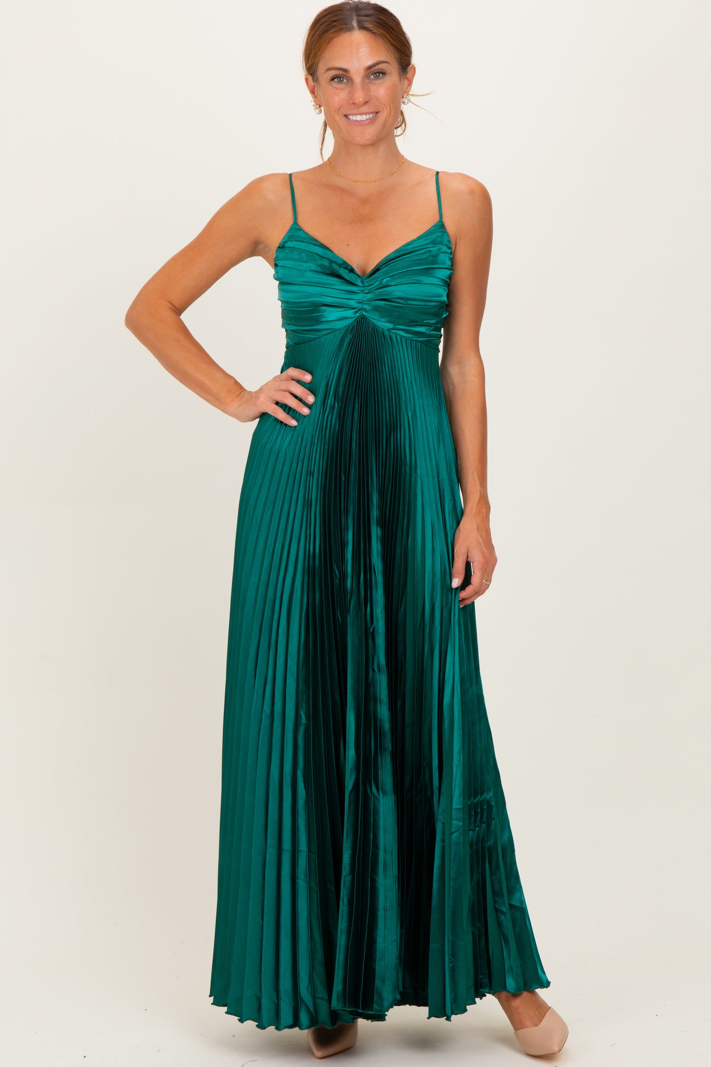 Forest Green Pleated Satin Sleeveless Maternity Maxi Dress