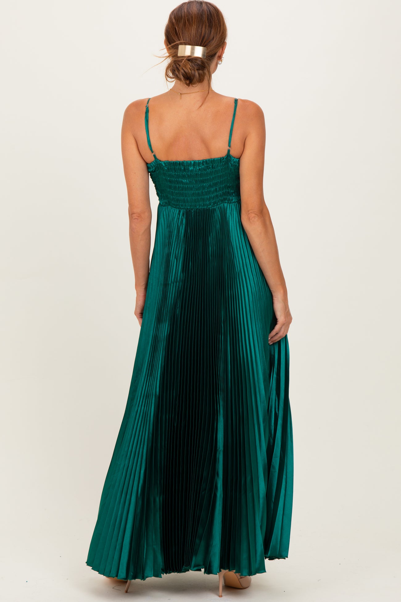 Forest Green Pleated Satin Sleeveless Maxi Dress