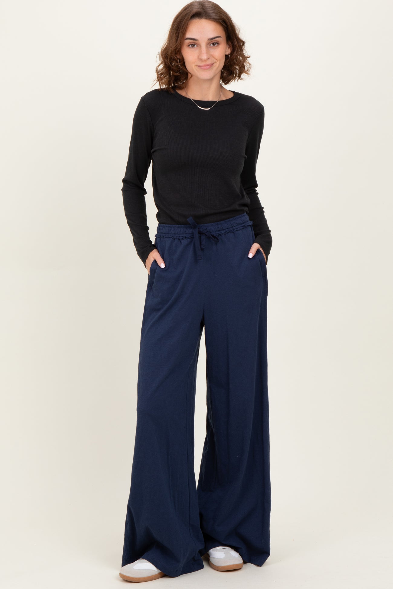 Navy Drawstring Wide Leg Maternity Lounge Pant