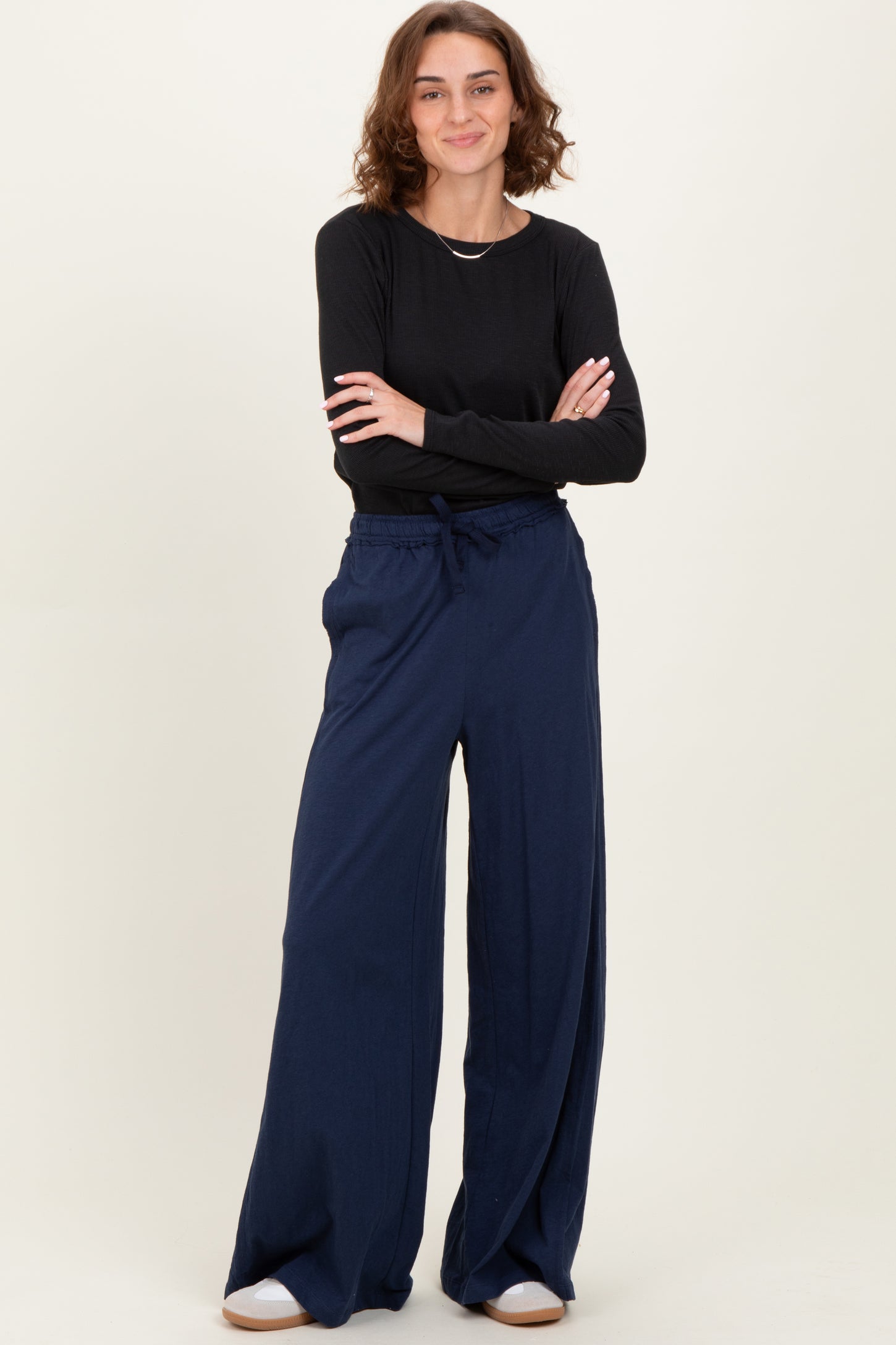 Navy Drawstring Wide Leg Lounge Pant