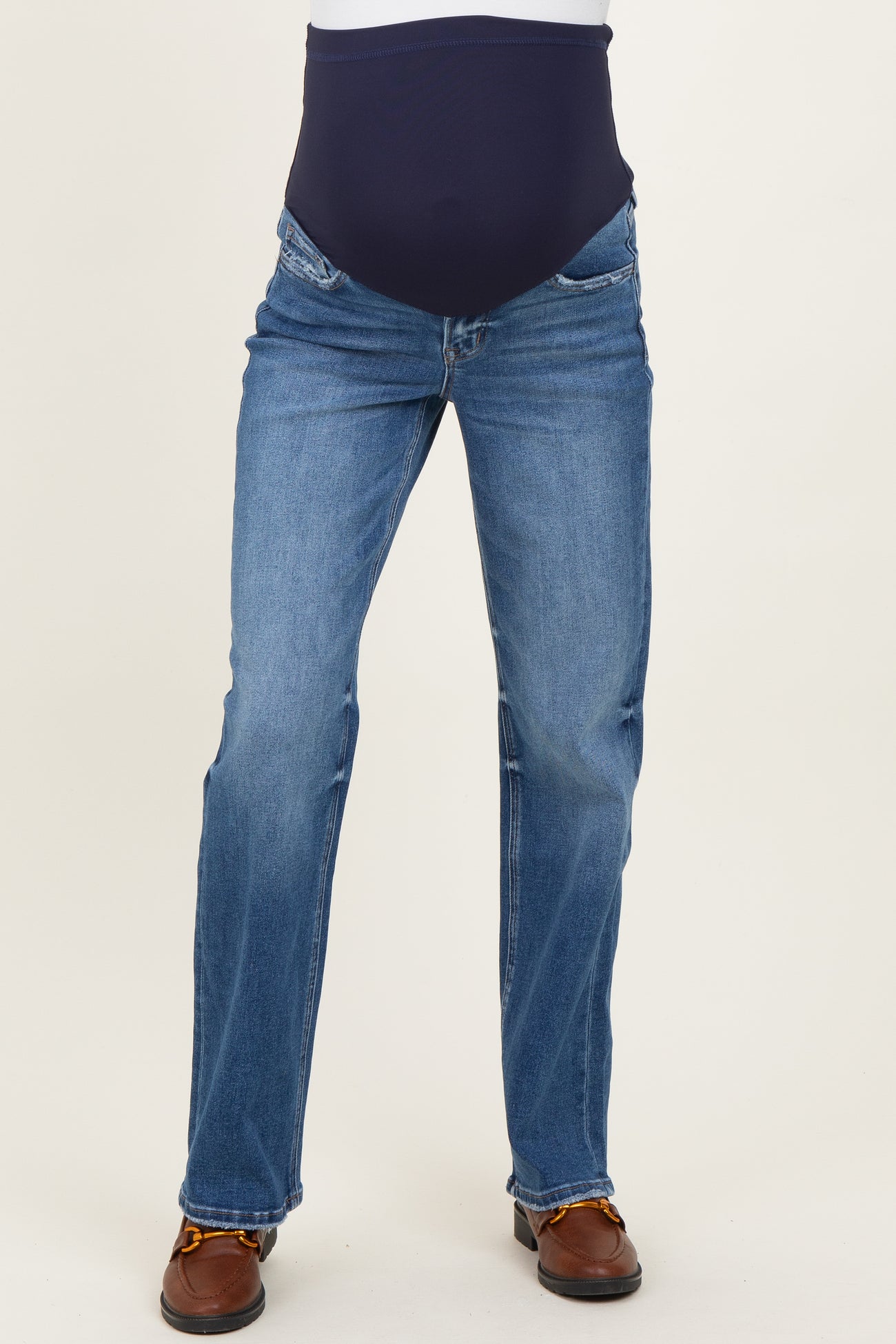 maternity wear blue straight leg jeans with a dark blue over-the-bump panel