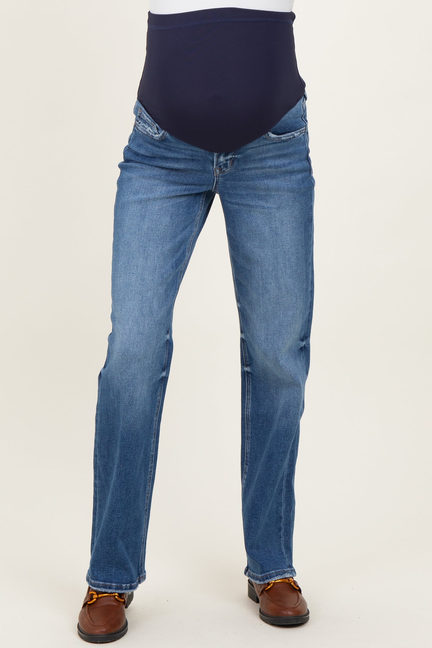 maternity wear blue straight leg jeans with a dark blue over-the-bump panel