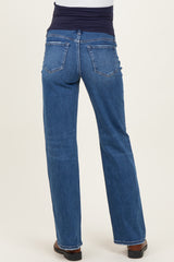 woman wearing maternity blue straight leg jeans with a stretchy black waistband viewed from the back