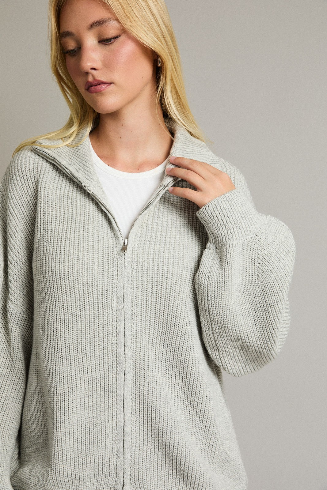 Heather Grey Oversized Zip Up Cardigan