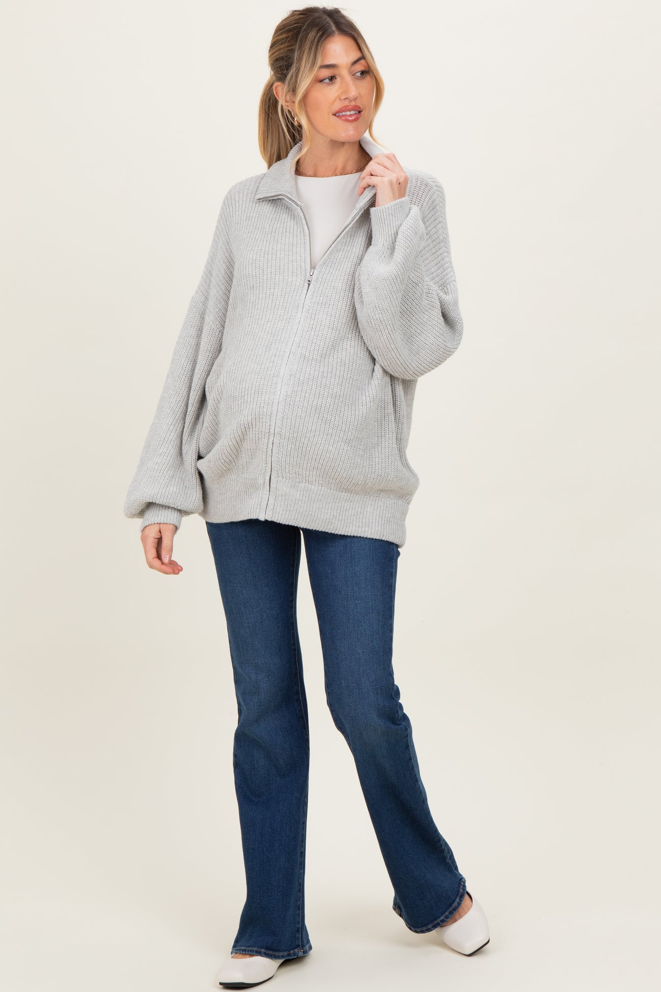 Heather Grey Oversized Zip Up Maternity Cardigan