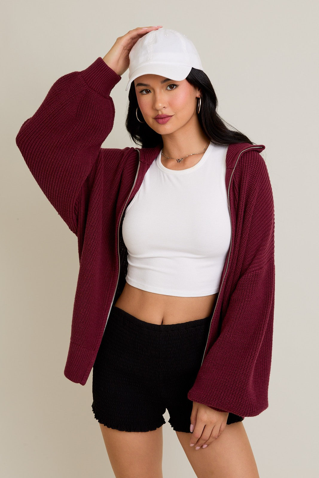 Burgundy Oversized Zip Up Maternity Cardigan