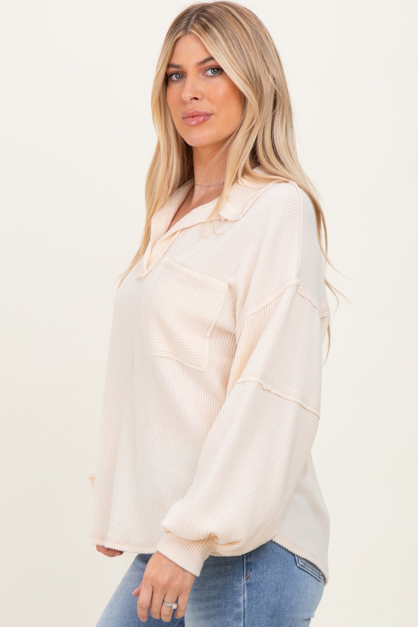 Cream Solid Ribbed Long Sleeve Pocketed Collared V-Neck Top