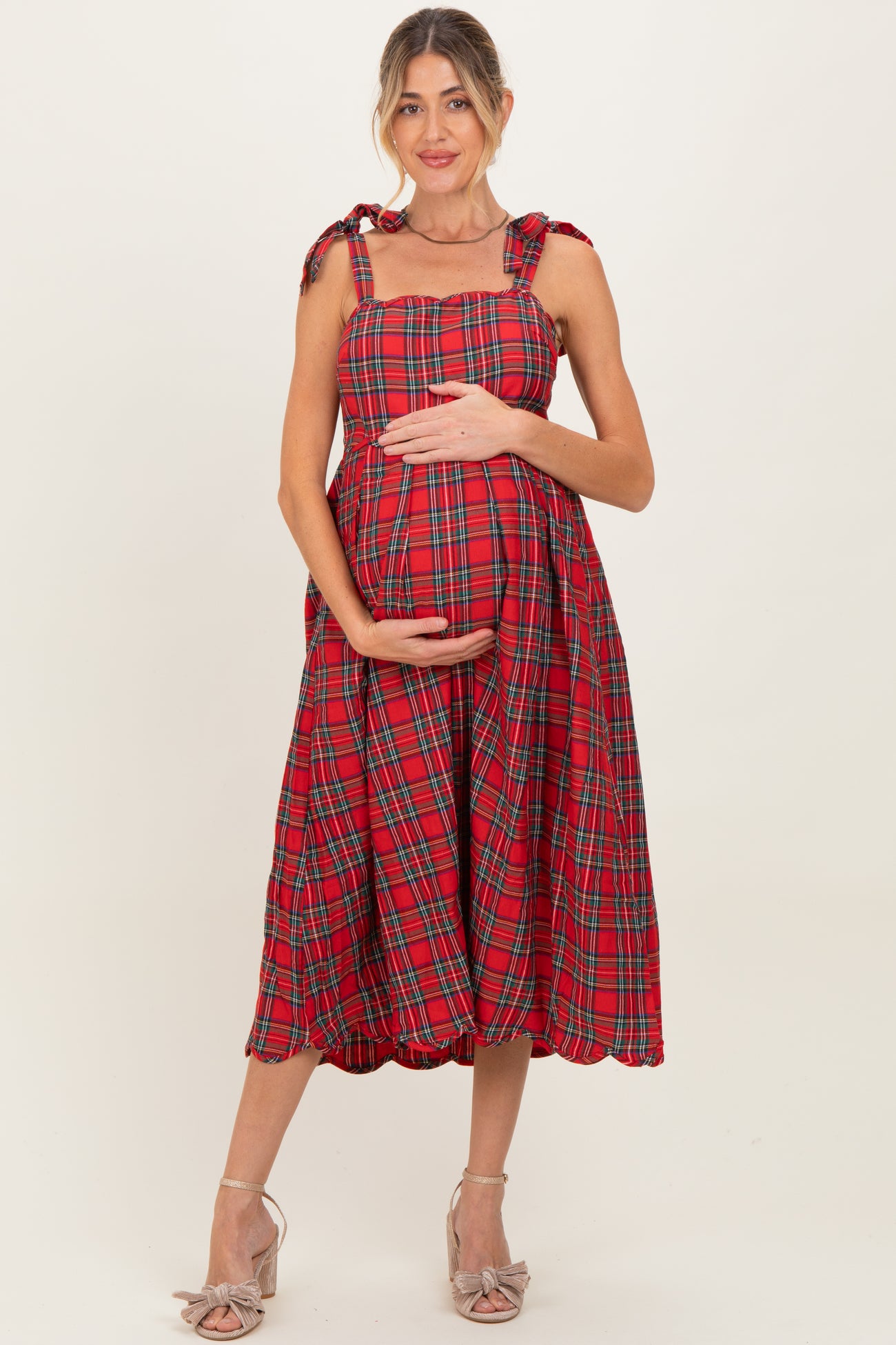 Red Plaid Shoulder Tie Scallop Hem Maternity Midi Dress