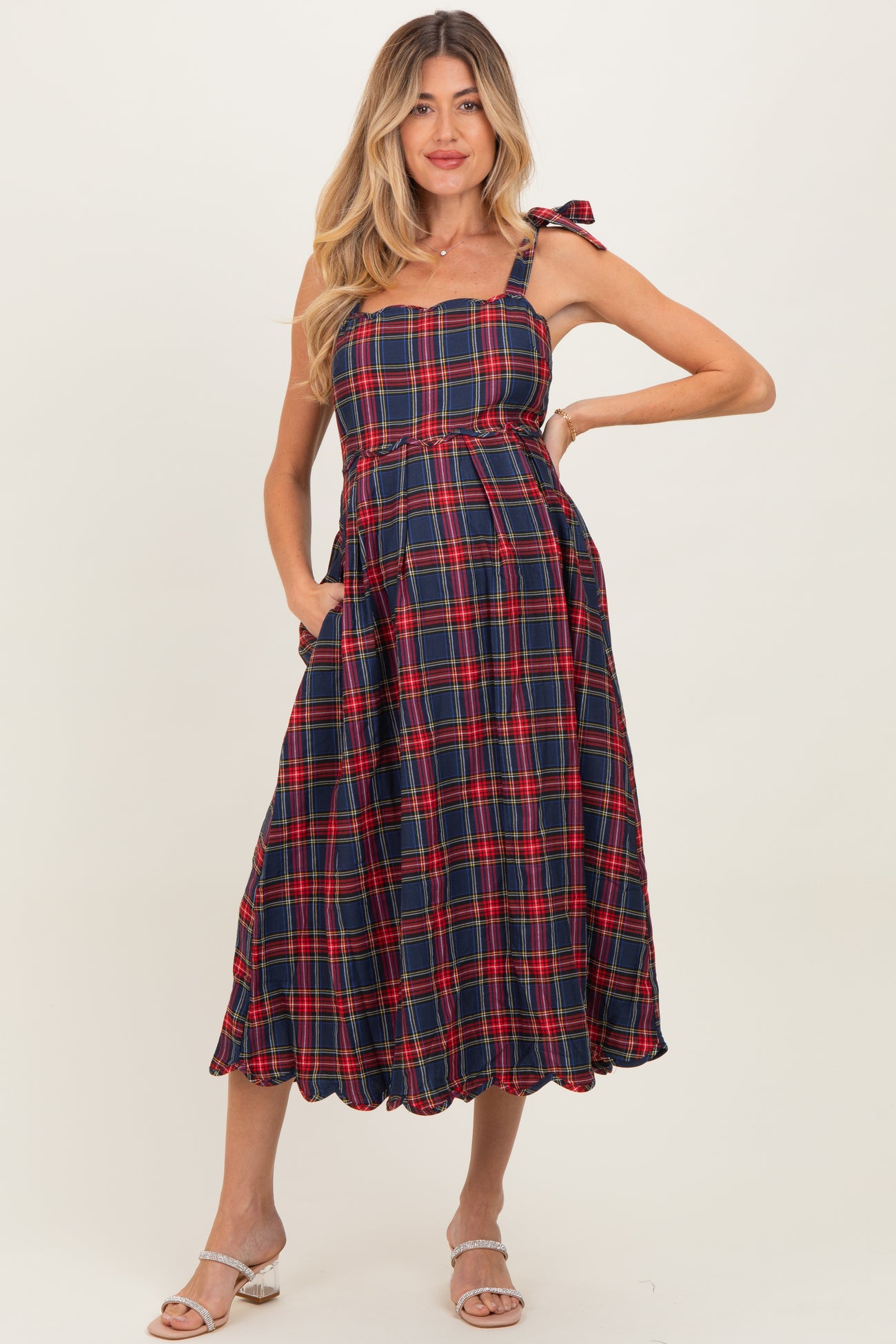 Navy Plaid Shoulder Tie Scallop Hem Maternity Midi Dress