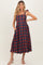 Navy Plaid Shoulder Tie Scallop Hem Maternity Midi Dress