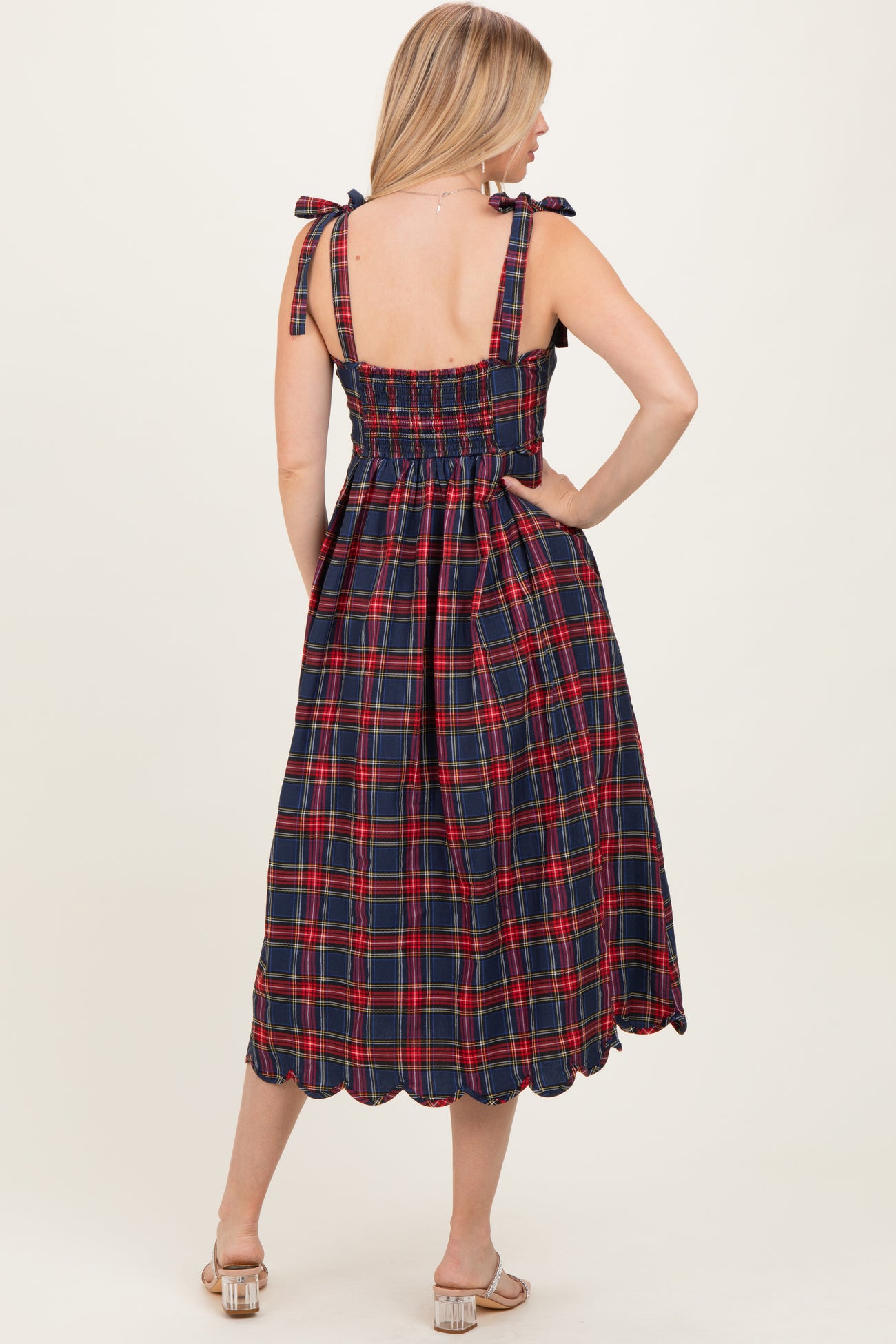 Navy Plaid Shoulder Tie Scallop Hem Midi Dress
