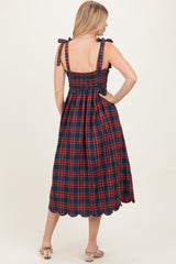 Navy Plaid Shoulder Tie Scallop Hem Midi Dress