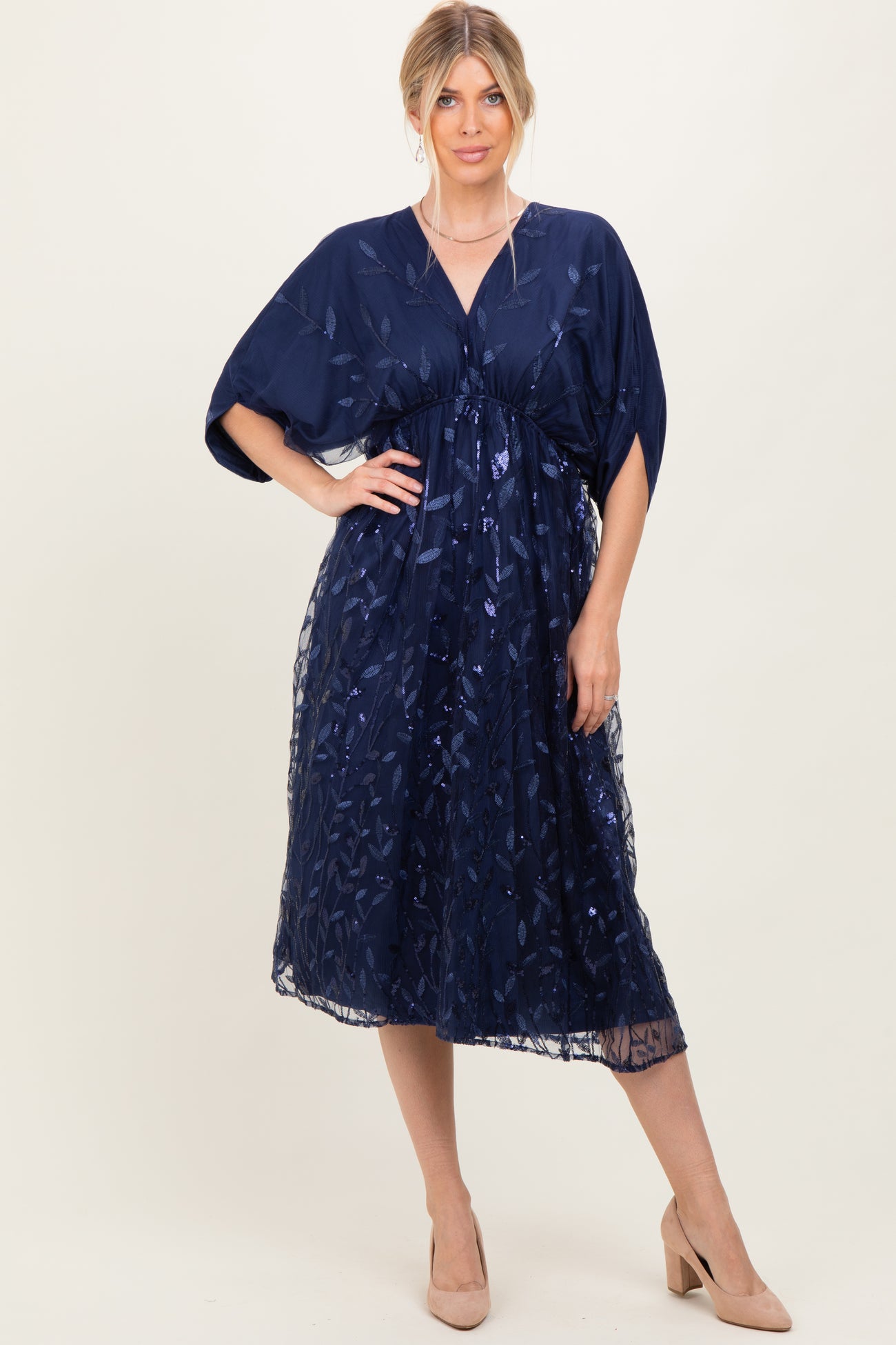 Navy Embroidered Tulle Dolman V-Neck Maternity Midi Dress