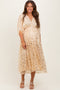 Light Gold Embroidered Tulle Dolman V-Neck Maternity Midi Dress