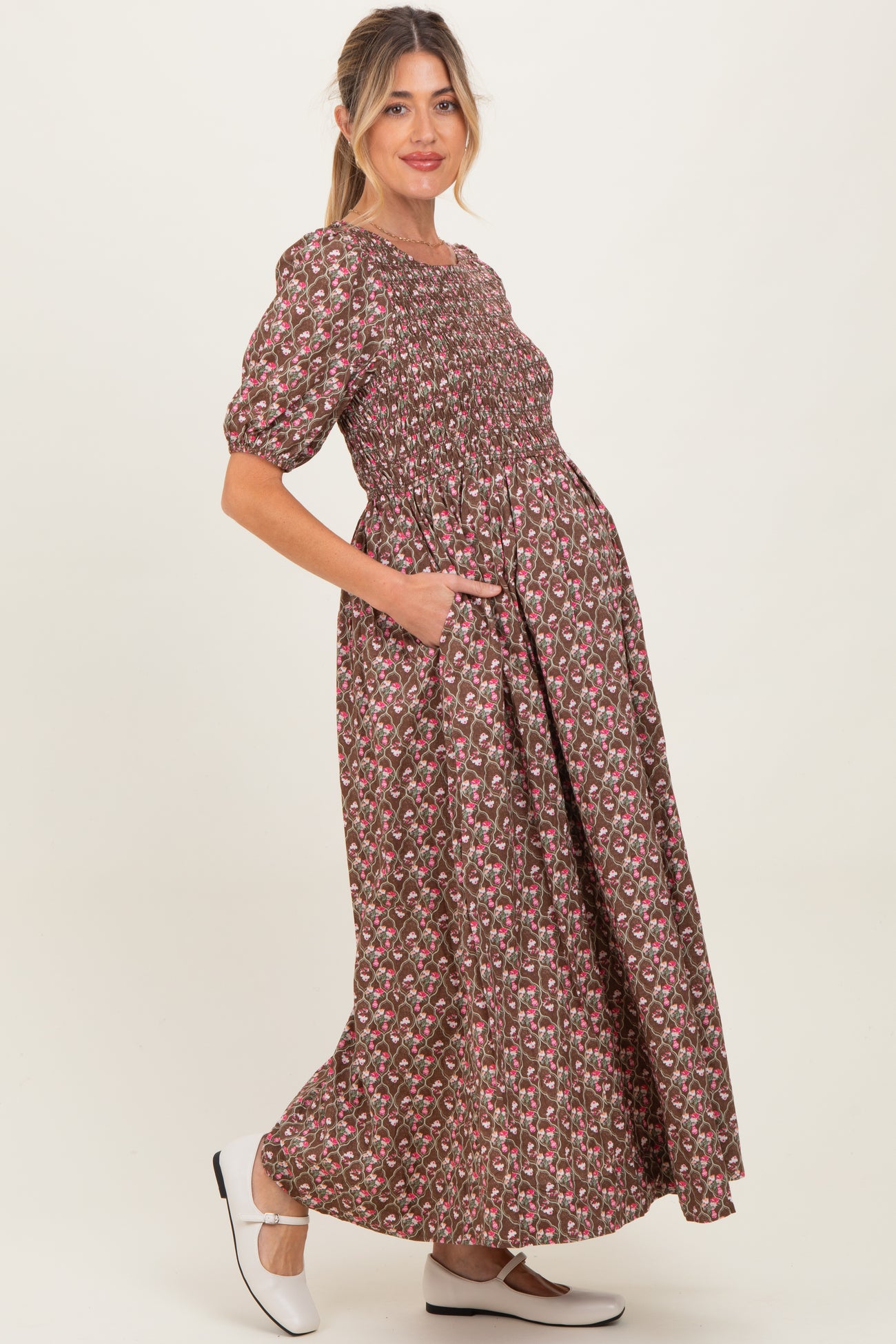 Mocha Floral Smocked Puff Sleeve Maternity Maxi Dress