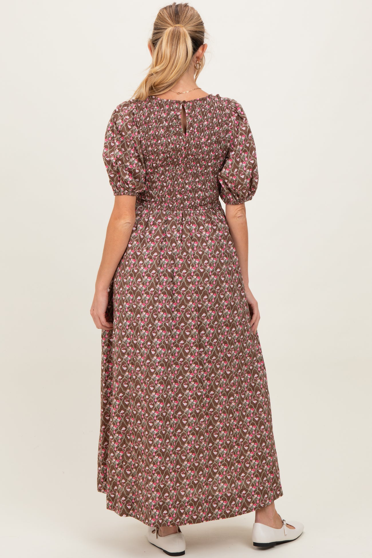 Mocha Floral Smocked Puff Sleeve Maternity Maxi Dress