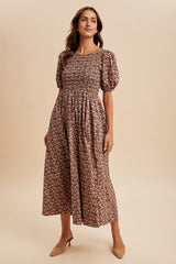 Mocha Floral Smocked Puff Sleeve Maxi Dress