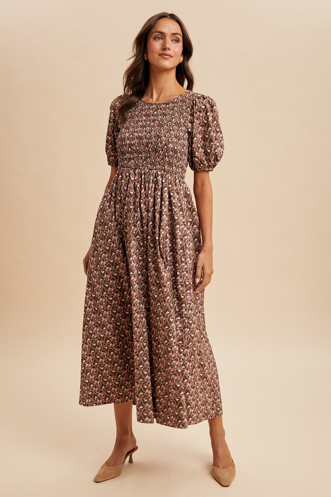Mocha Floral Smocked Puff Sleeve Maternity Maxi Dress
