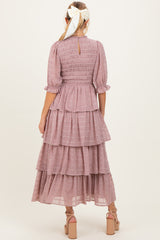 Mauve Smocked Swiss Dot Tiered Maternity Maxi Dress