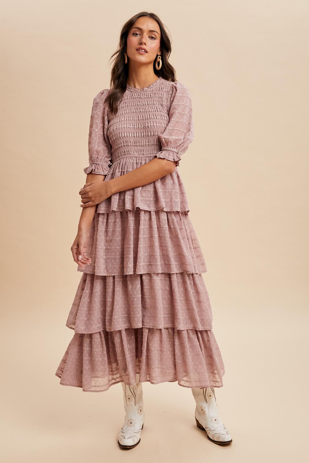 Mauve Smocked Swiss Dot Tiered Maternity Maxi Dress