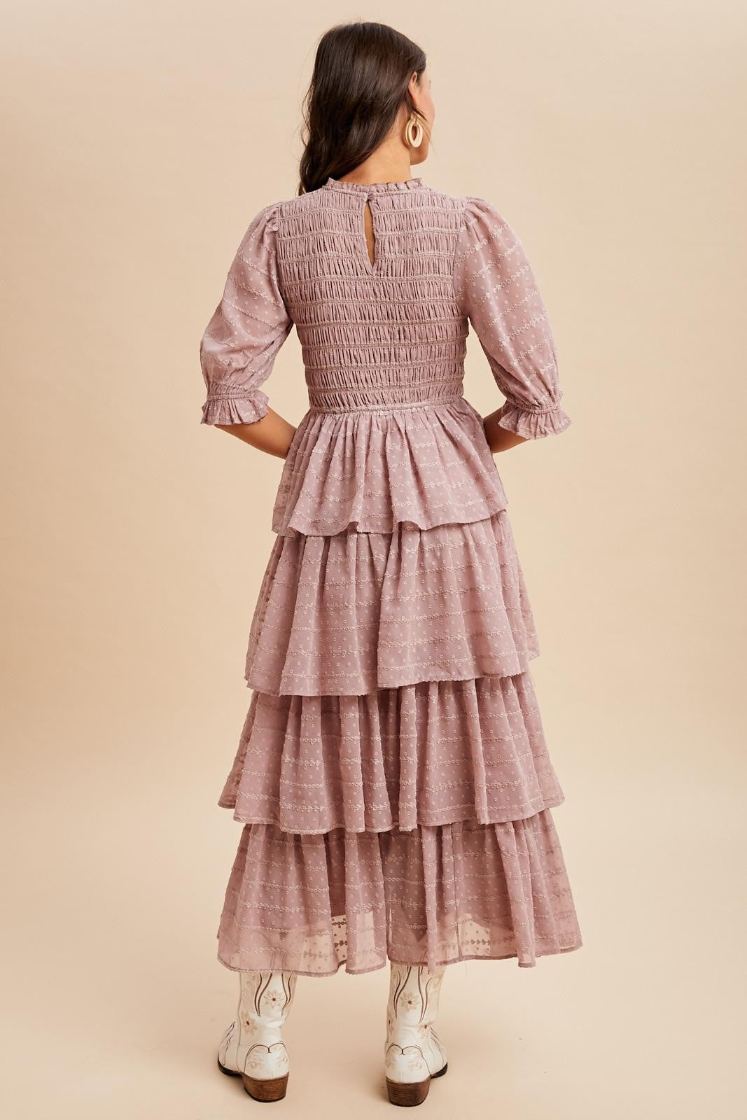 Mauve Smocked Swiss Dot Tiered Maxi Dress
