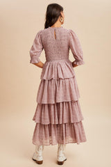 Mauve Smocked Swiss Dot Tiered Maxi Dress