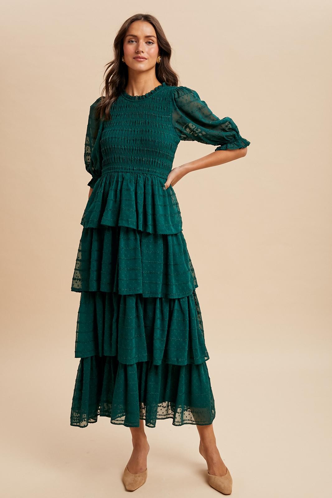 Forest Green Smocked Swiss Dot Tiered Maxi Dress