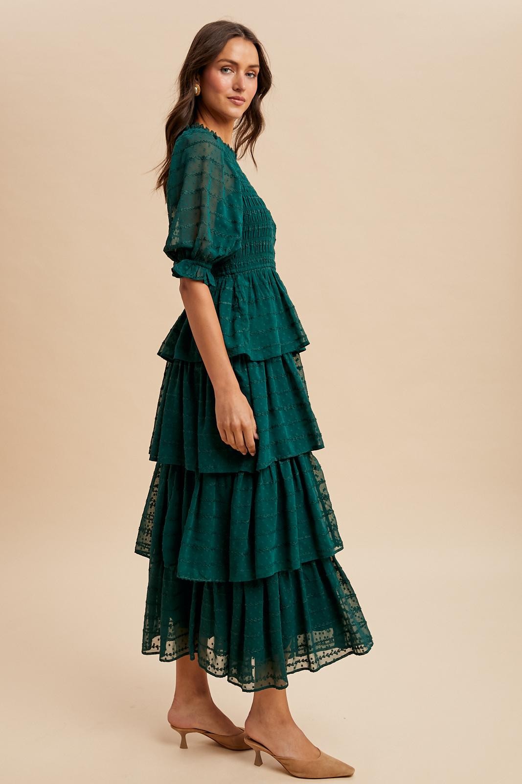 Forest Green Smocked Swiss Dot Tiered Maxi Dress