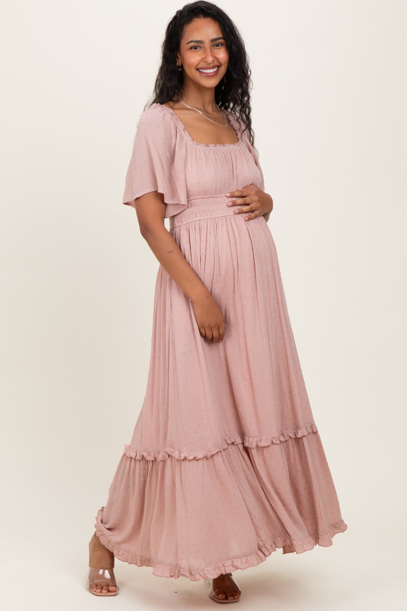 Light Pink Swiss Dot Ruffle Trim Maternity Maxi Dress