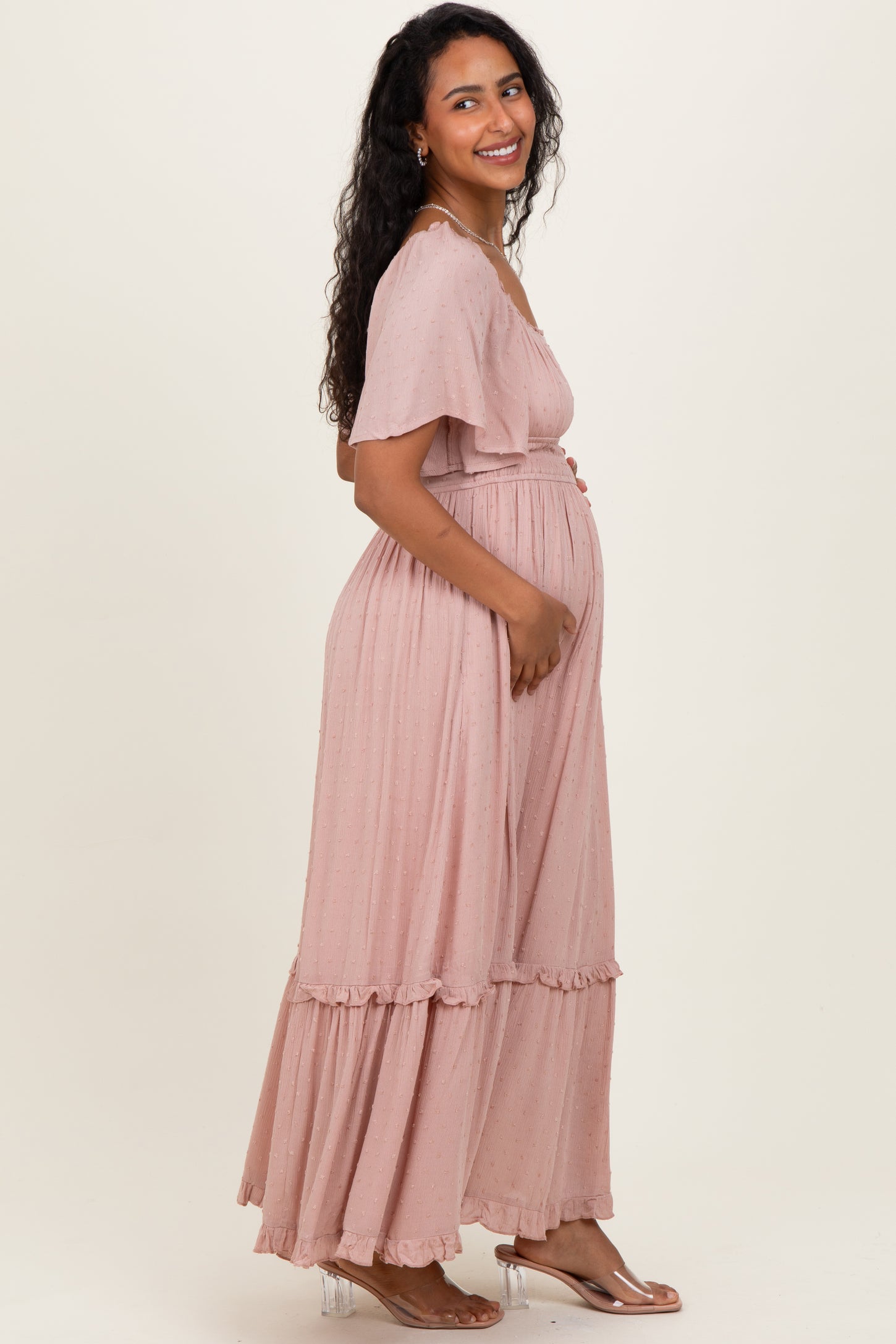 Light Pink Swiss Dot Ruffle Trim Maternity Maxi Dress